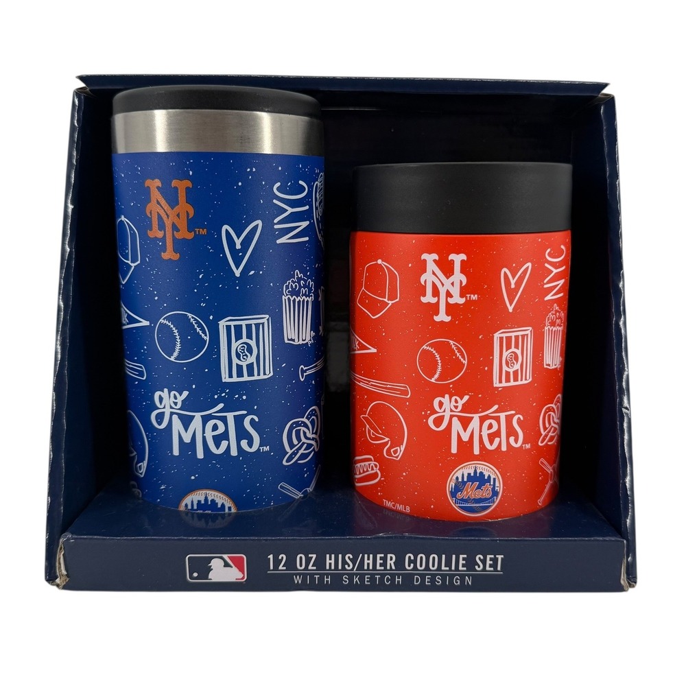 NEW New York Mets 12 oz His & Her Coolie Set MLB Sketch Design Stainless‎ Steel